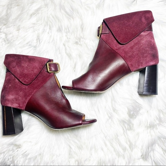 CHLOÉ Burgundy Red Suede Foldover Chunky Heel Booties, Size 38 - Picture 13 of 14